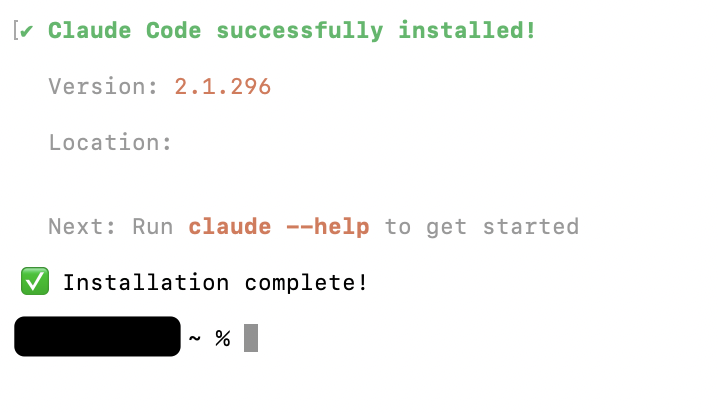 Terminal window showing “Claude Code successfully installed!” with the version number, followed by “Installation complete!”