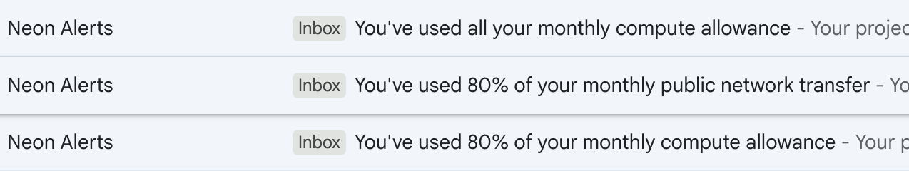 Three emails from Neon Alerts: “You’ve used 80% of your monthly compute allowance”, “You’ve used 80% of your monthly public network transfer”, and “You’ve used all your monthly compute allowance”