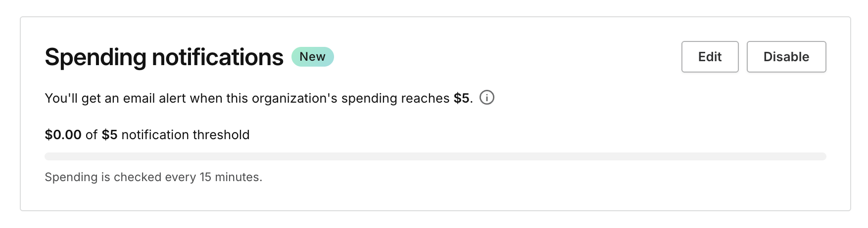 Neon’s Spending notifications setting: “You’ll get an email alert when this organization’s spending reaches $5”, showing $0.00 of a $5 notification threshold, checked every 15 minutes
